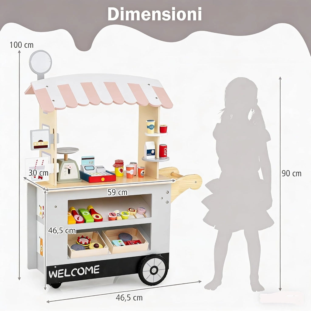 Bancarella Giocattolo per Bambini in Legno, Supermercato Giocattolo per Bambini con POS Bilancia Mensole e Ripiani, 1 Ruota Piroettante e 2 Ruote Grandi, 3 Anni+ (Grigio)
