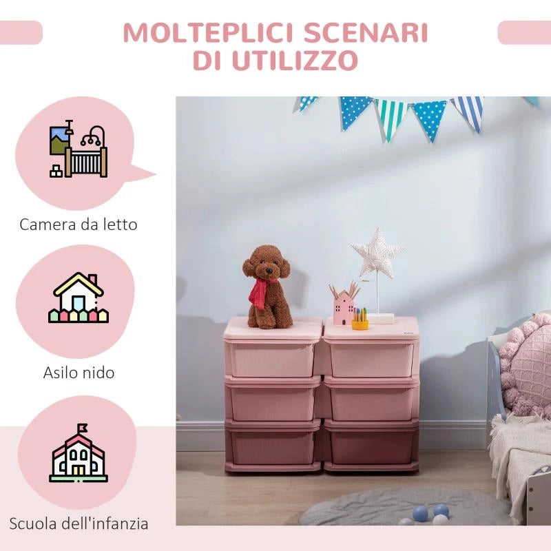 CASSETTIERA 6 CASSETTI PER BAMBINI 3-6 ANNI CON BORDI ARROTONDATI, IN PP ROSA, 75X37X56.5 CM