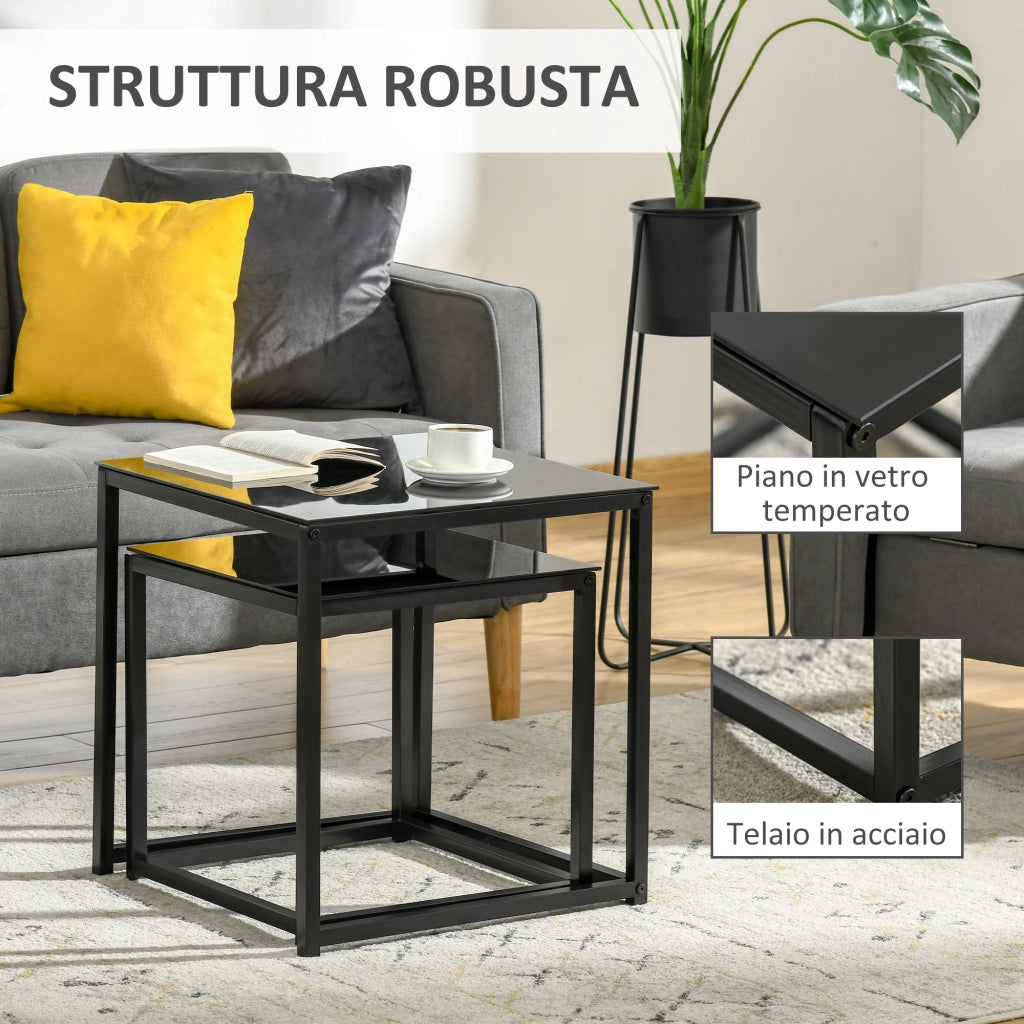 Set 2 Tavolini da Salotto Quadrati Moderni, in Acciaio e Vetro Temperato, Nero