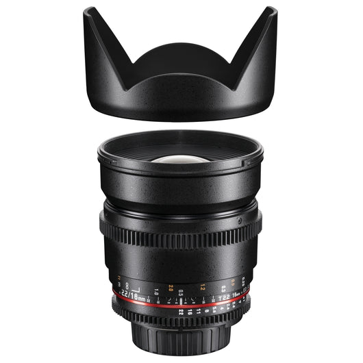 Obiettivo grandangolare video e foto 16mm 1:2.2 VCSC (filettatura filtro 77mm, paraluce, ghiera ingranaggi, apertura e messa a fuoco stepless) compatibile con baionetta Sony E nero