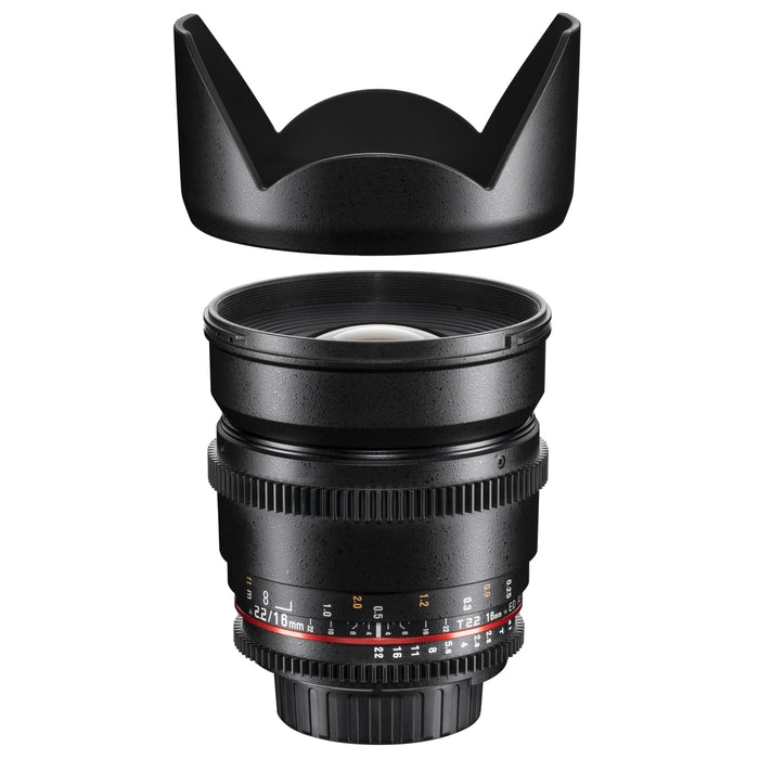 Obiettivo grandangolare video e foto 16mm 1:2.2 VCSC (filettatura filtro 77mm, paraluce, ghiera ingranaggi, apertura e messa a fuoco stepless) compatibile con baionetta Sony E nero
