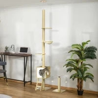 Albero per Gatti in Truciolato ad Altezza Regolabile con Tiragraffi, Casetta, Amaca e Pallina, 40x40x225-285 cm