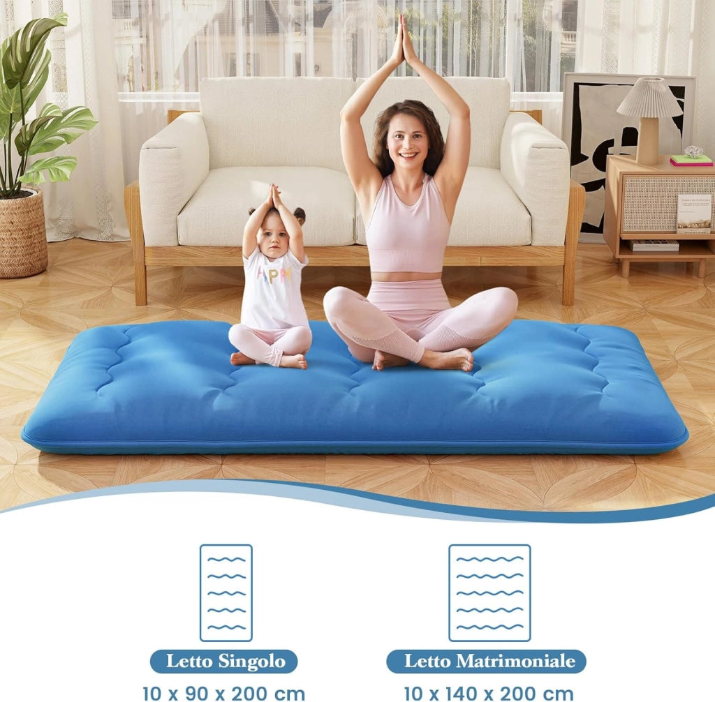 Materasso Futon Pieghevole, Materasso Portatile con Sacca da Trasporto per Camping, Materasso da Terra con Copertura Lavabile (200 x 90 cm, Blu)