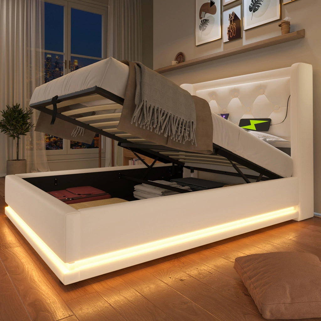 LETTO imbottito 90x200 cm in PU bianco con USB, Type-C e LED 3 lati