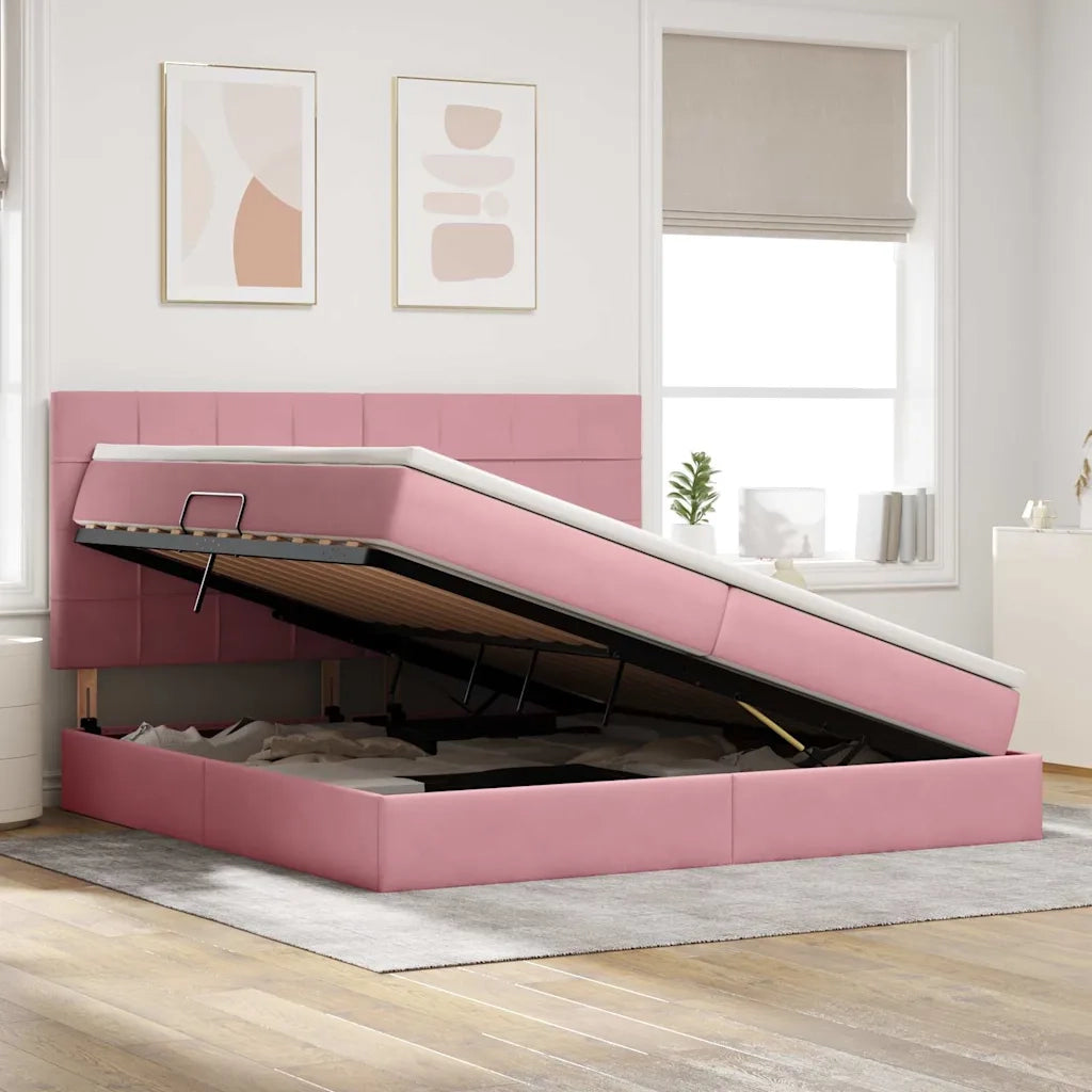 Letto con contenitore e materasso Rosa 200 x 200 cm Velluto