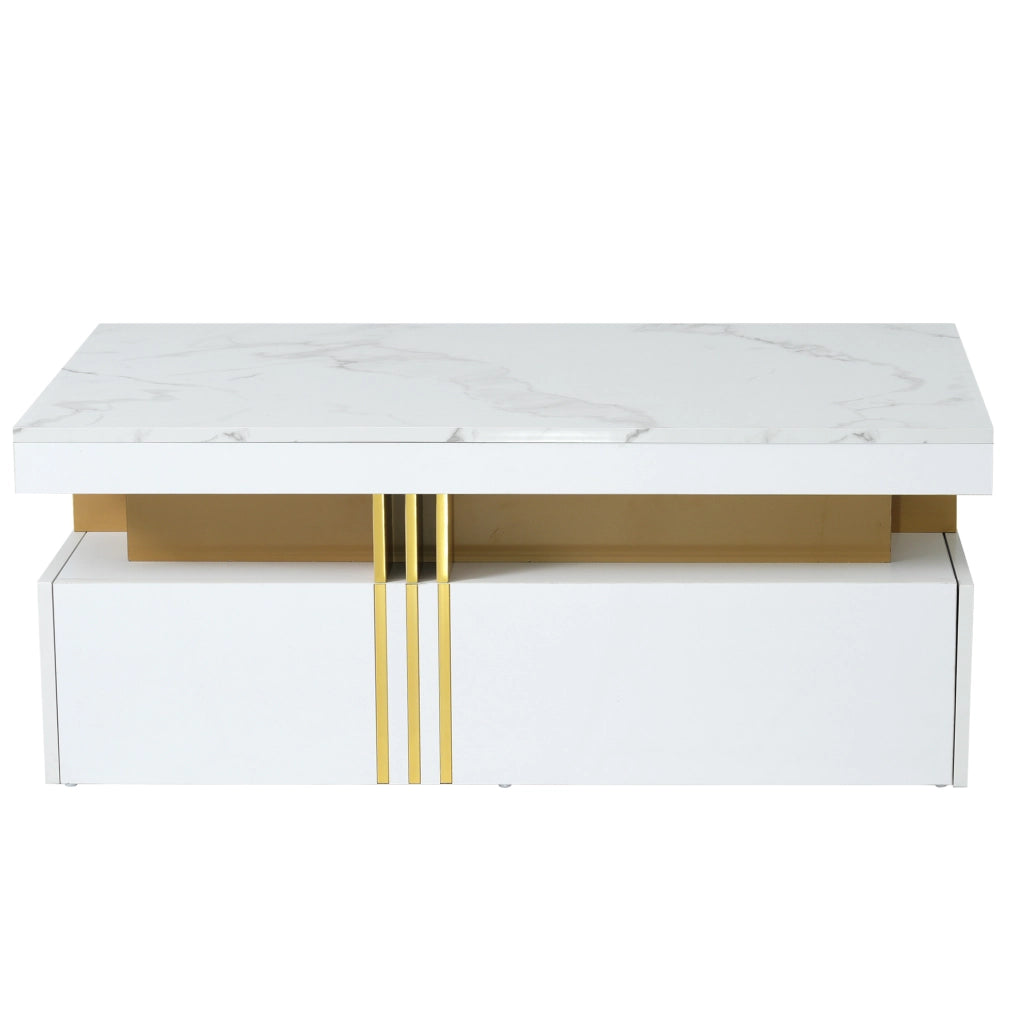 Tavolino da salotto moderno rettangolare 100x50x40 cm bianco lucido con 2 cassetti