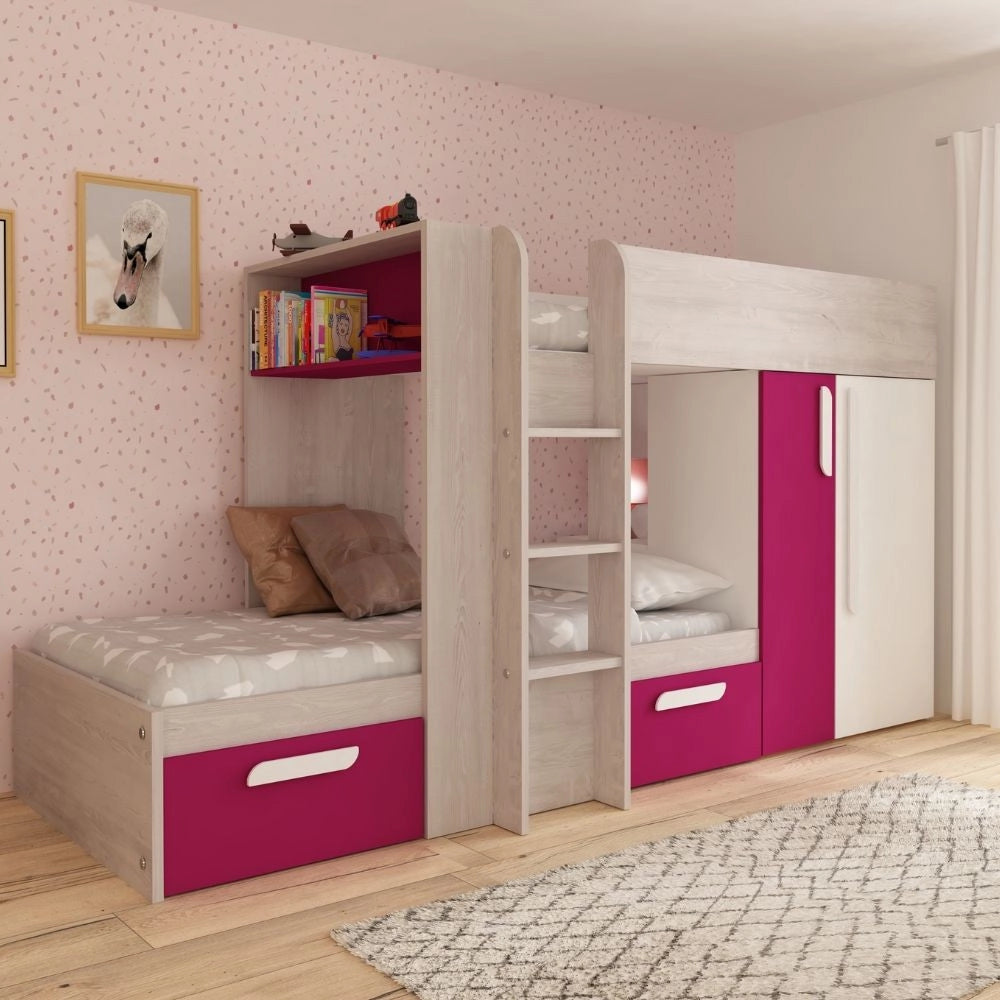 Letto a castello bianco consumato fucsia con armadio e cassetti 1298