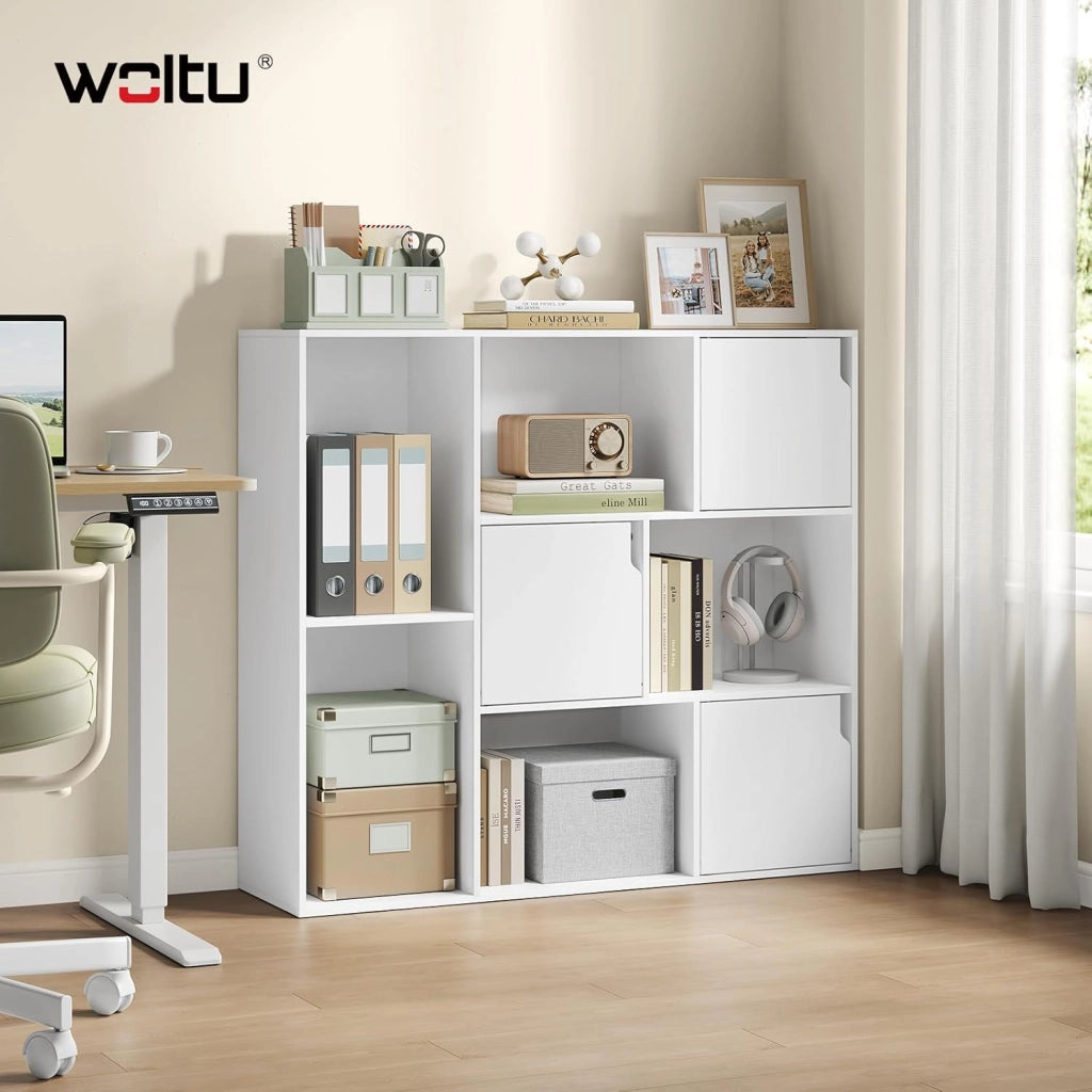 8 Cubo di Stoccaggio, Libreria a 3 Piani con 3 Ante, Scaffale in Piedi Libreria in Legno, Soggiorno Credenza Espositore Cubo Scaffale, per Camera da Letto, Corridoio, Ufficio, Bianco, SK056ws
