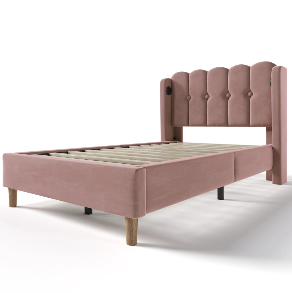 Letto singolo 90x200 cm imbottito in velluto rosa con USB e Type-C; con materasso