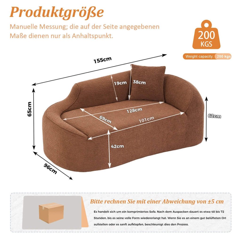 Divano letto chaise longue in chenille; 2 posti; senza montaggio; caramello con 1 cuscino