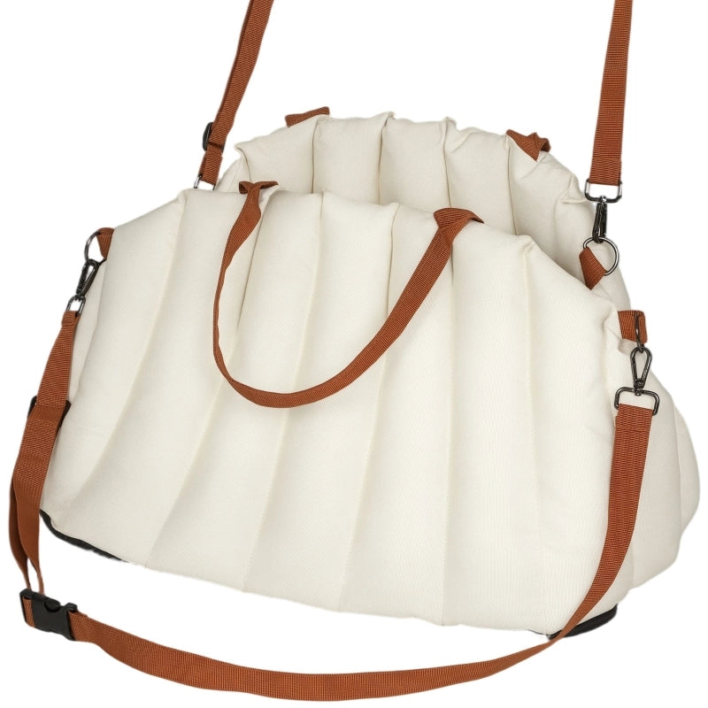 Borsa per cani sotto 5 kg in tessuto Oxford, colore crema. Include cuscino e guinzaglio, con 2 tracolle.