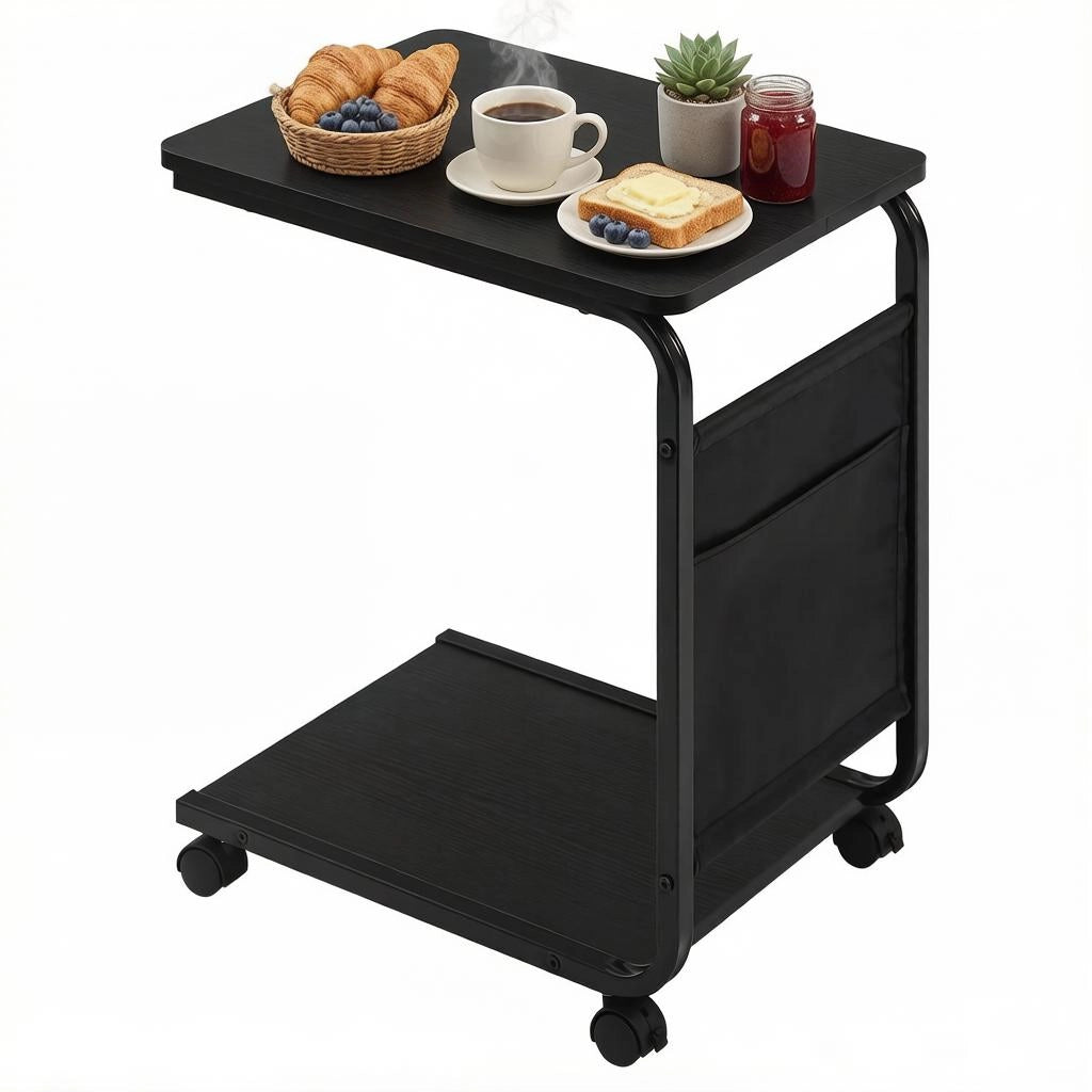 Tavolino basso con 2 ripiani, tasca laterale in tela e ruote, per soggiorno e camera da letto, nero, 50 × 62 × 35 cm