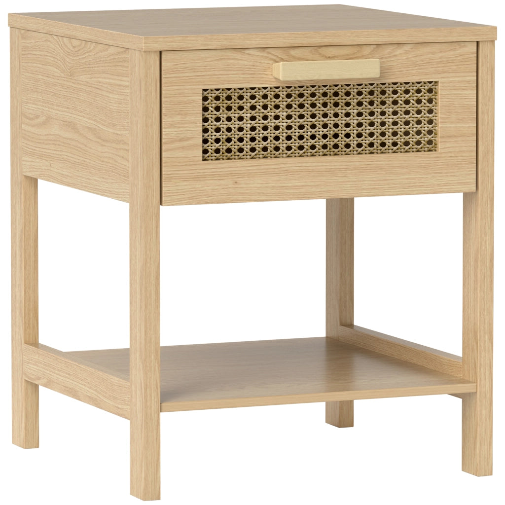 Comodino compatto in legno con cassetto e ripiano aperto, design rattan, 40 x 40 x 48,4 cm, colore naturale