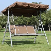 Dondolo da Giardino a 3 Posti in Metallo, Tetto Parasole Rimovibile e Lavabile, Marrone e Argento, 171x108x154cm