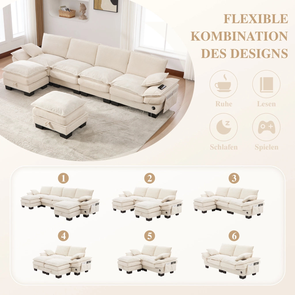 Divano modulare 4 posti in velluto a coste con USB-C, tasche laterali e 2 pouf, beige 330 × 132 × 84 cm