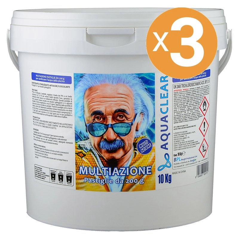 Pastiglie Multiazione Piscina 4 In 1 Da 200 G Blisterate Aquaclear, 3 Confezioni Da 10 Kg