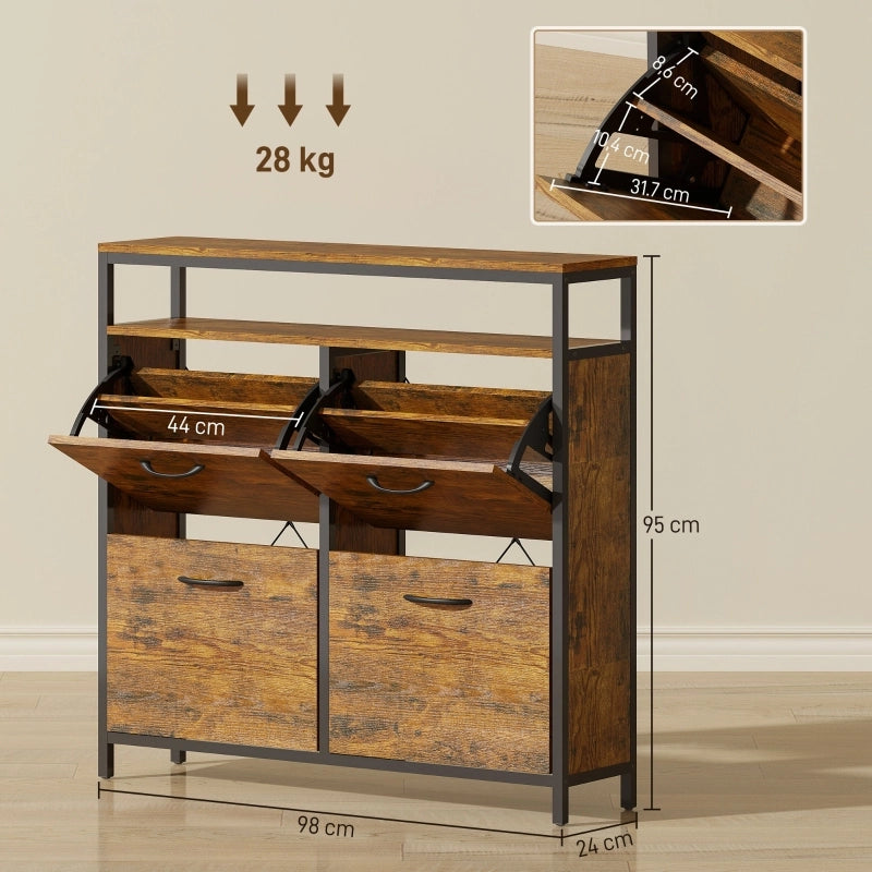 Scarpiera con 4 ante ribaltabili e ripiano aperto, stile industriale, per ingresso, in legno, 98 × 24 × 95 cm