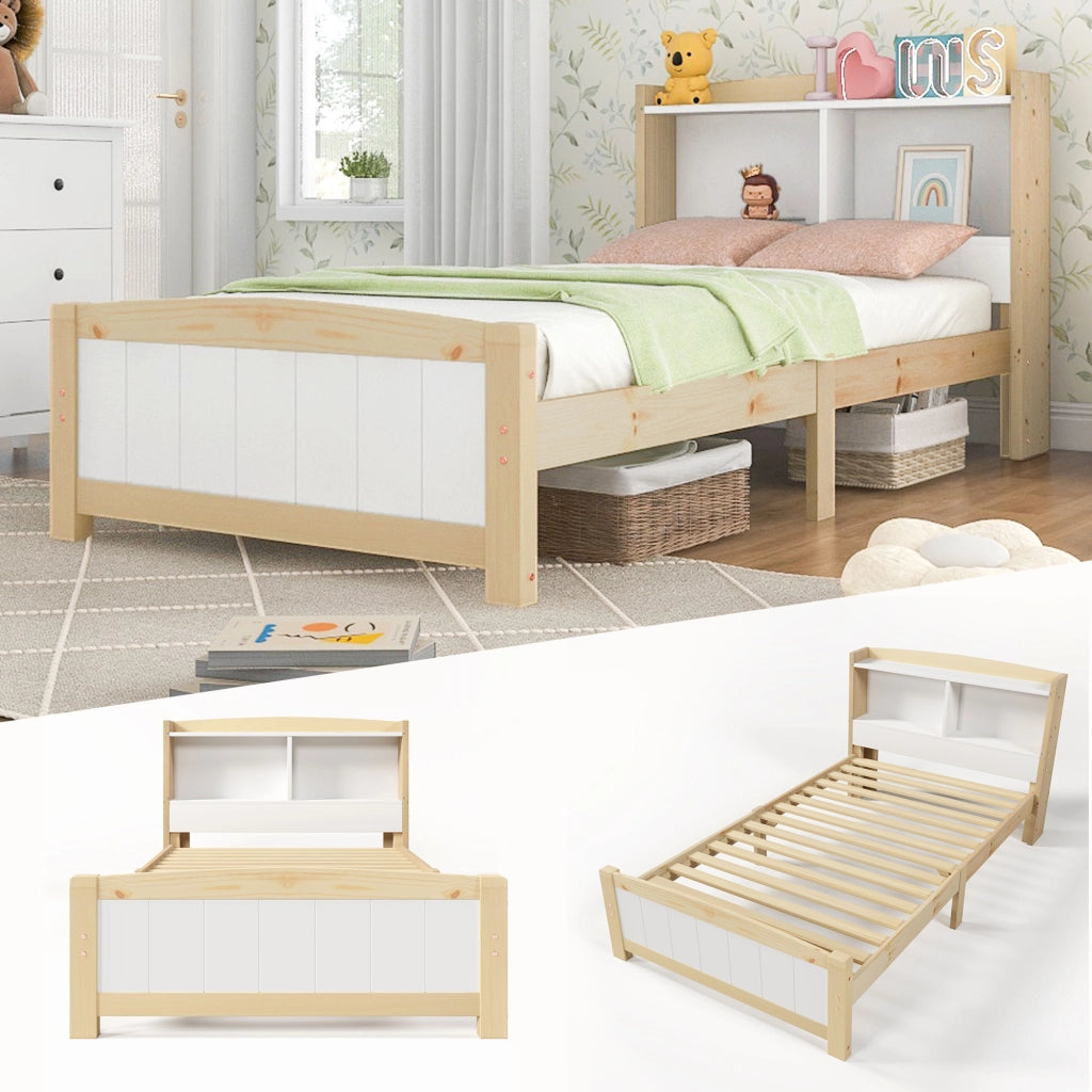 Letto singolo 90x200 cm in legno massello con testiera contenitore e materasso a molle insacchettate, bianco