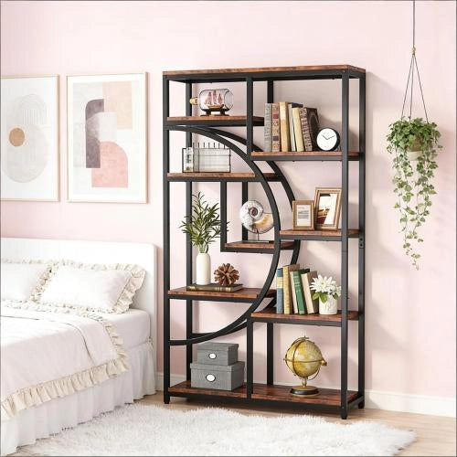 Libreria geometrica con 9 ripiani aperti, struttura in metallo e legno, colore nero e marrone rustico