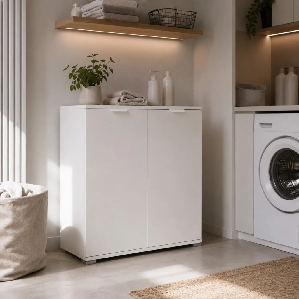 Mobile Base 2 Ante Bianco Già Montato | Armadietto Salvaspazio 75x85x38 cm | Mobile Bagno e Lavanderia con Ripiani Regolabili e Struttura in Legno Nobilitato
