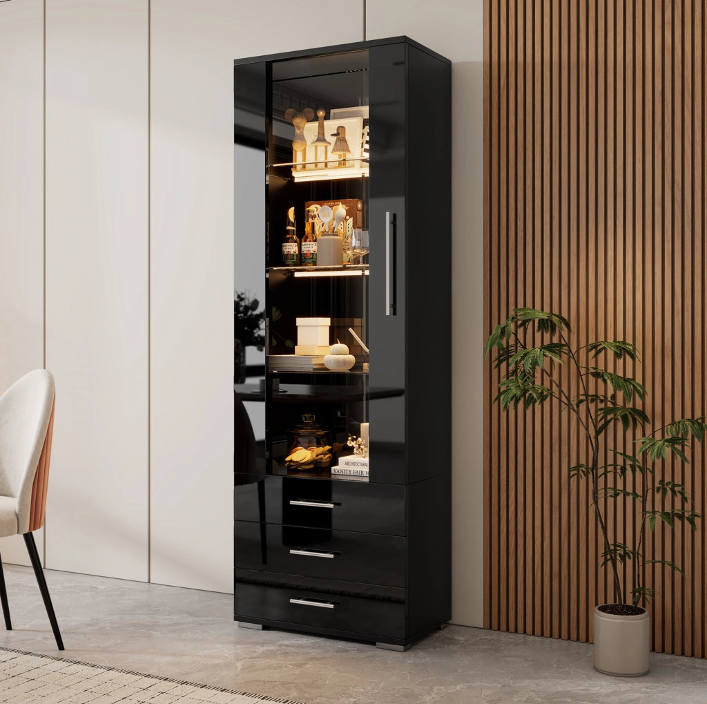 Vetrina nera lucida con LED e 3 cassetti