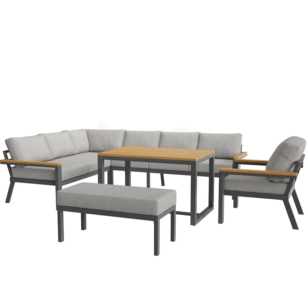 Set Divano da Giardino ad L 8 Posti con Tavolo in Legno ¨C Xylo ¨C Polyrattan Grigio, Ferro