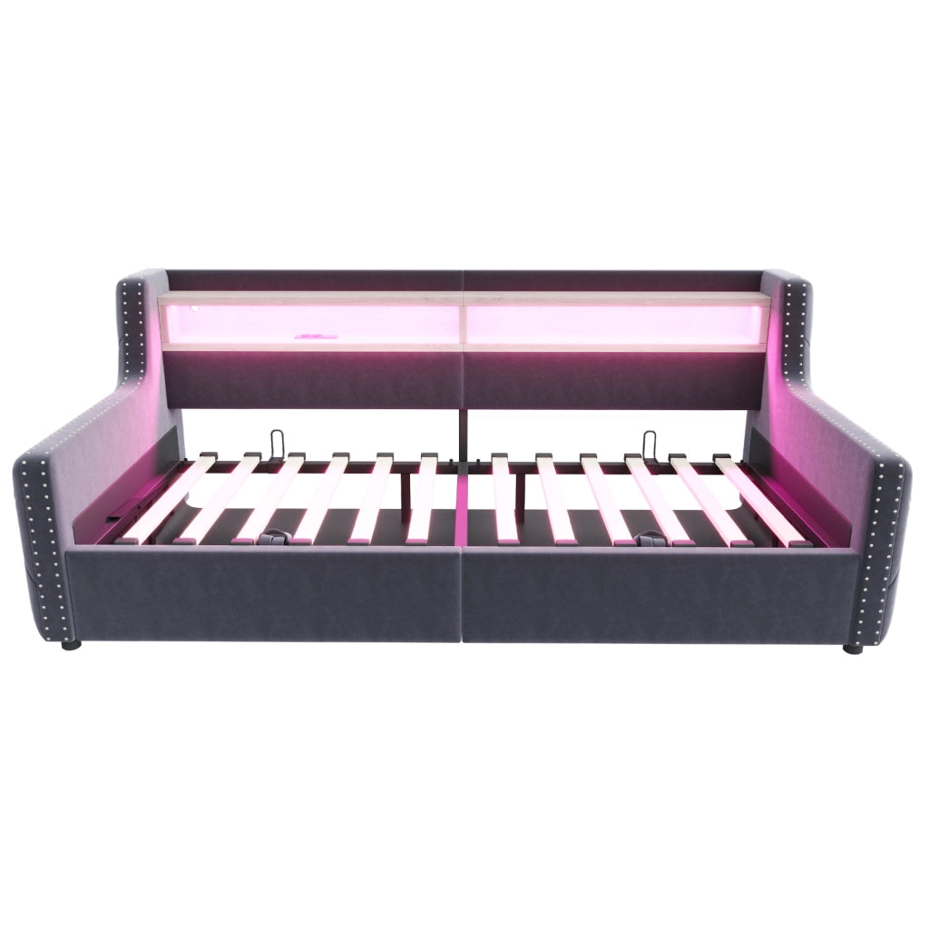 Divano letto imbottito 90 x 200 cm con contenitore; LED e presa integrata; in velluto grigio scuro