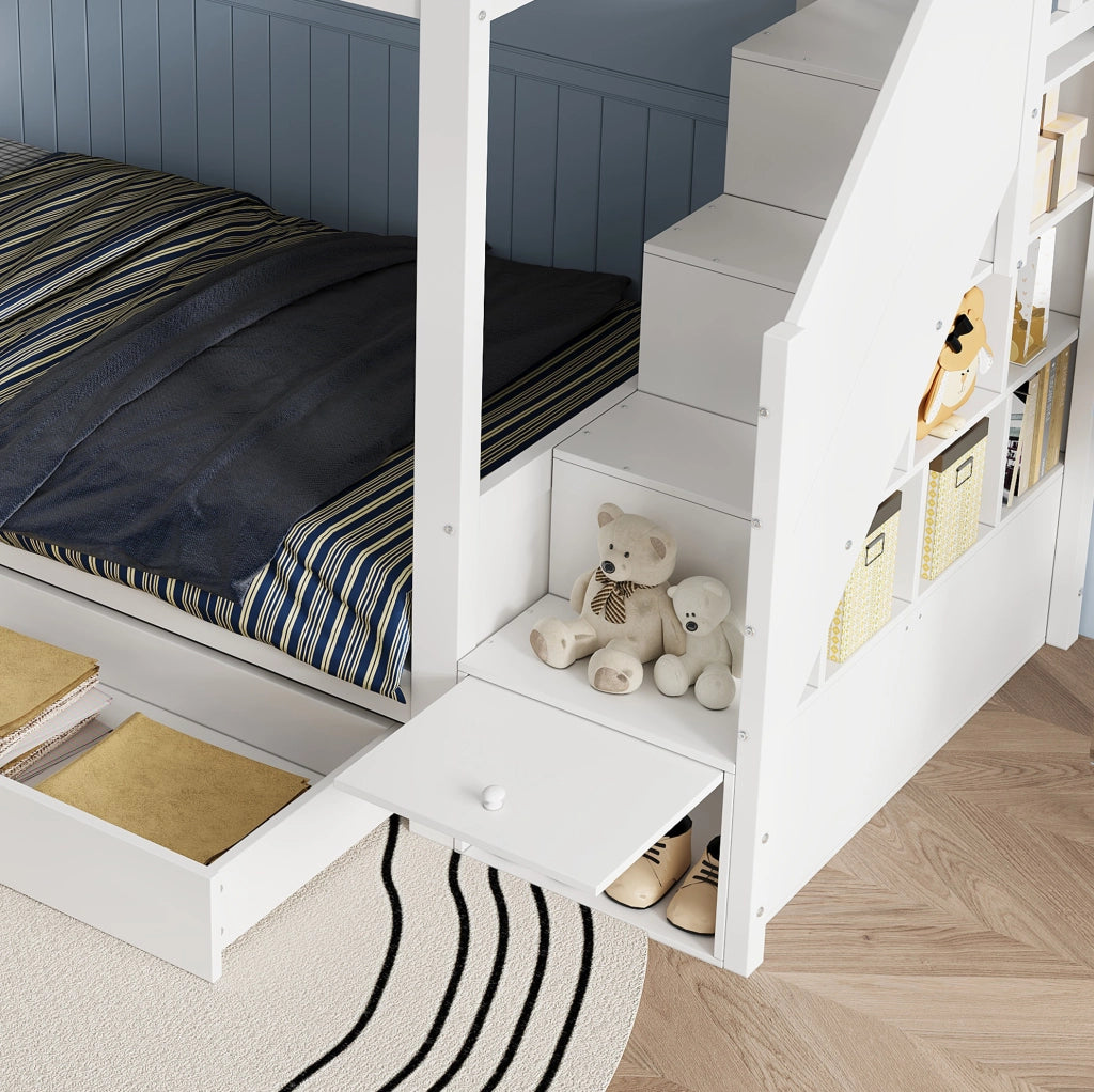 Letto a castello per bambini 90x200 cm in legno bianco con scala contenitore; 2 cassetti e barriera di sicurezza