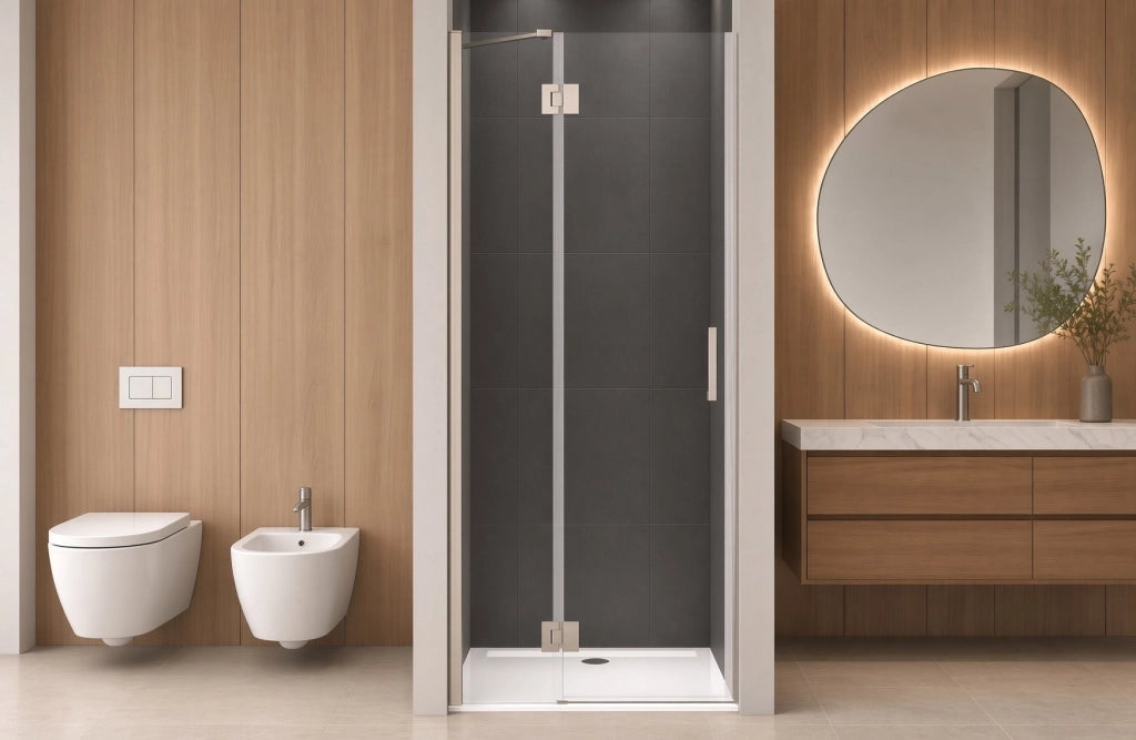 Box doccia 80 cm anta singola ad UN BATTENTE per nicchia H200 cm cristallo anticalcare trasparente 6mm profilo SATINATO