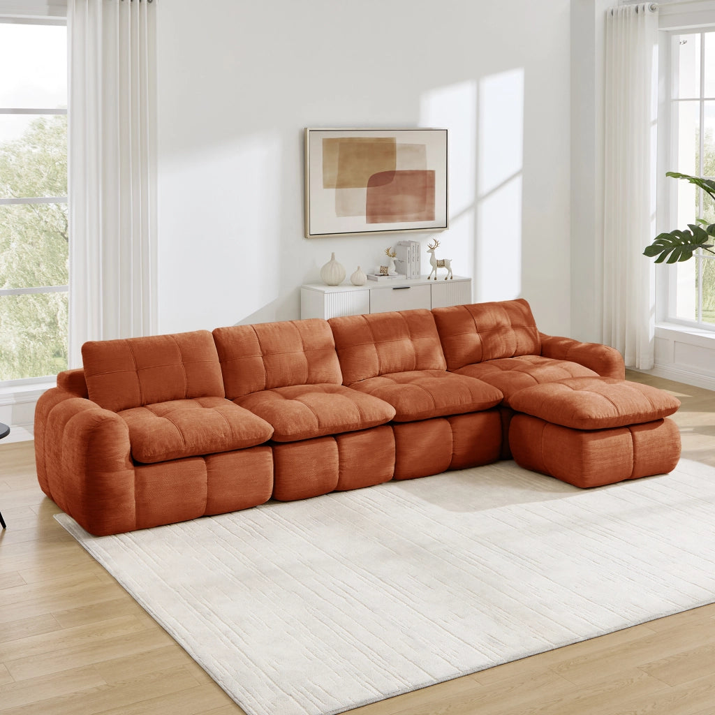 Divano ad angolo modulare in ciniglia con seduta ampia e profonda, senza montaggio, arancione 334 × 160 × 68 cm
