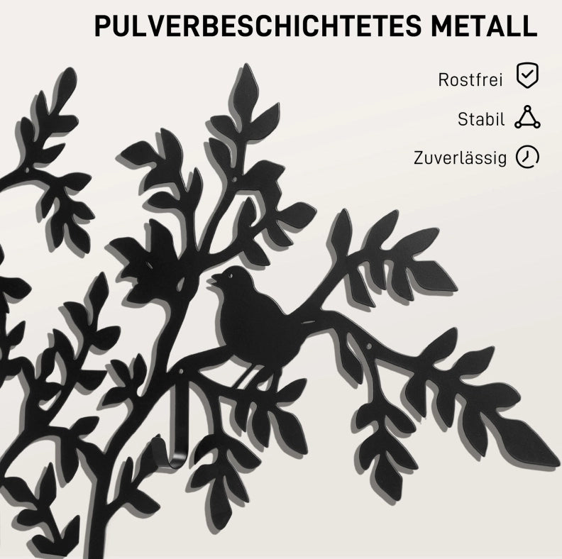 Appendiabiti da Parete in Metallo Nero con Design Albero e Uccelli, 120x175 cm