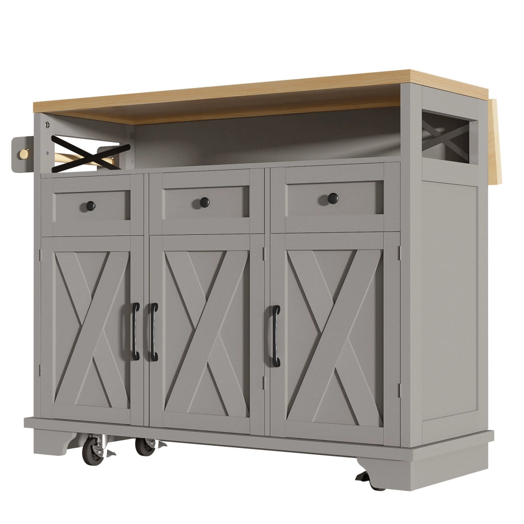 Isola cucina 118x43-80x98 cm con piano pieghevole e ruote in MDF e metallo grigio