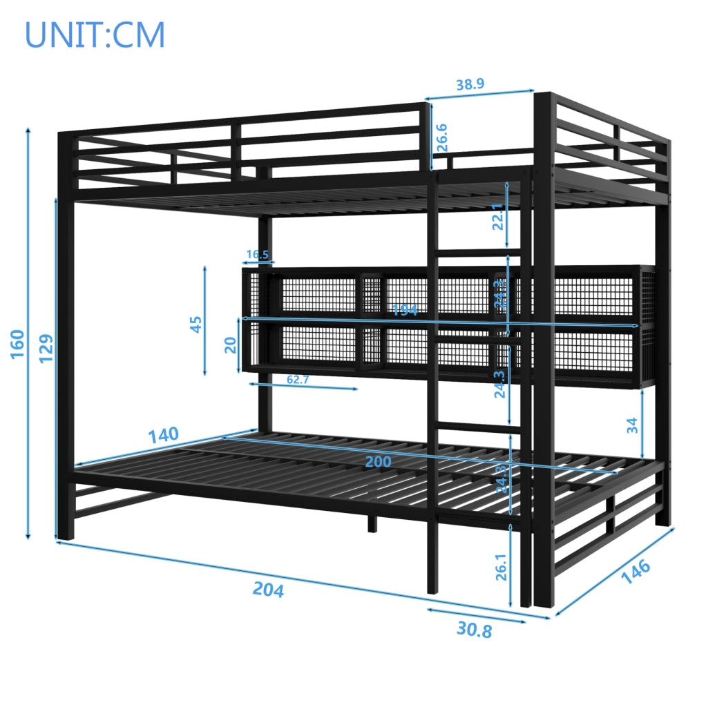 Letto a castello 140x200 cm in metallo nero con 6 armadietti e LED HAVRYA