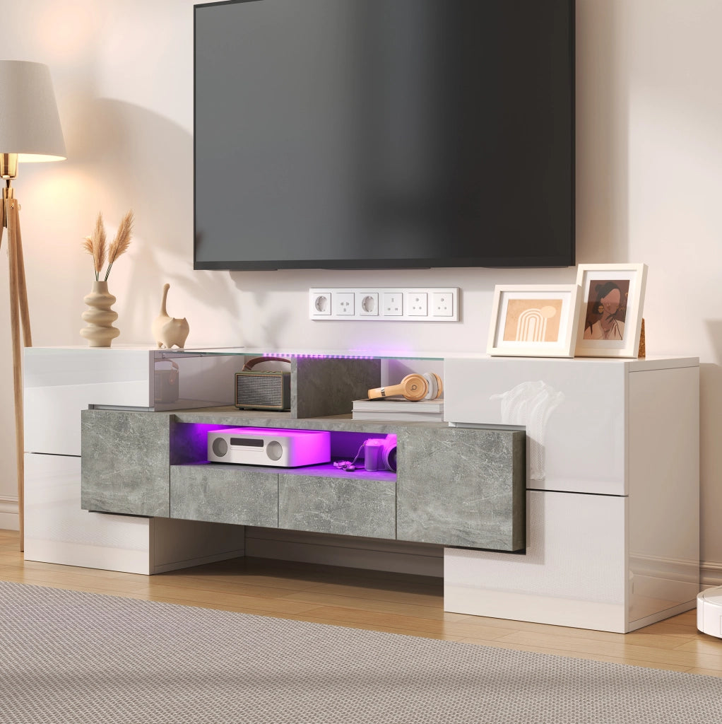 Mobile TV 145x30x51 cm con LED multicolore; 6 ante e 2 cassetti; bianco