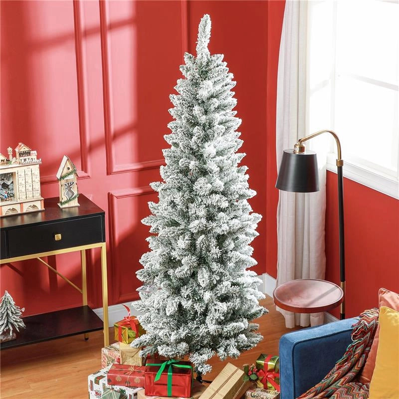 ALBERO DI NATALE 180CM CON 479 RAMI INNEVATI, DESIGN ALTO E STRETTO CON BASE PIEGHEVOLE, VERDE