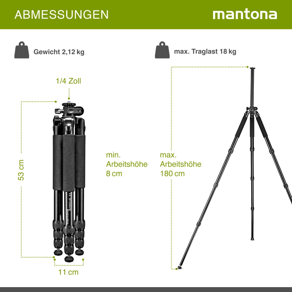 Mantona Cavalletto fotografico Kodiak XL, in alluminio, altezza max 180 cm, fino a 18 kg, colonna centrale 180°, Treppiedi Stativo fotografia