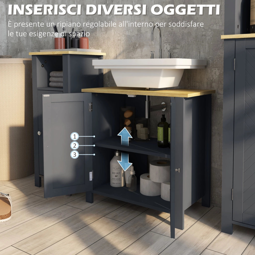 EasyComfort Mobile Sottolavabo in Truciolato e MDF a 2 Ante con Ripiano Interno Regolabile, 60x30x60 cm, Grigio