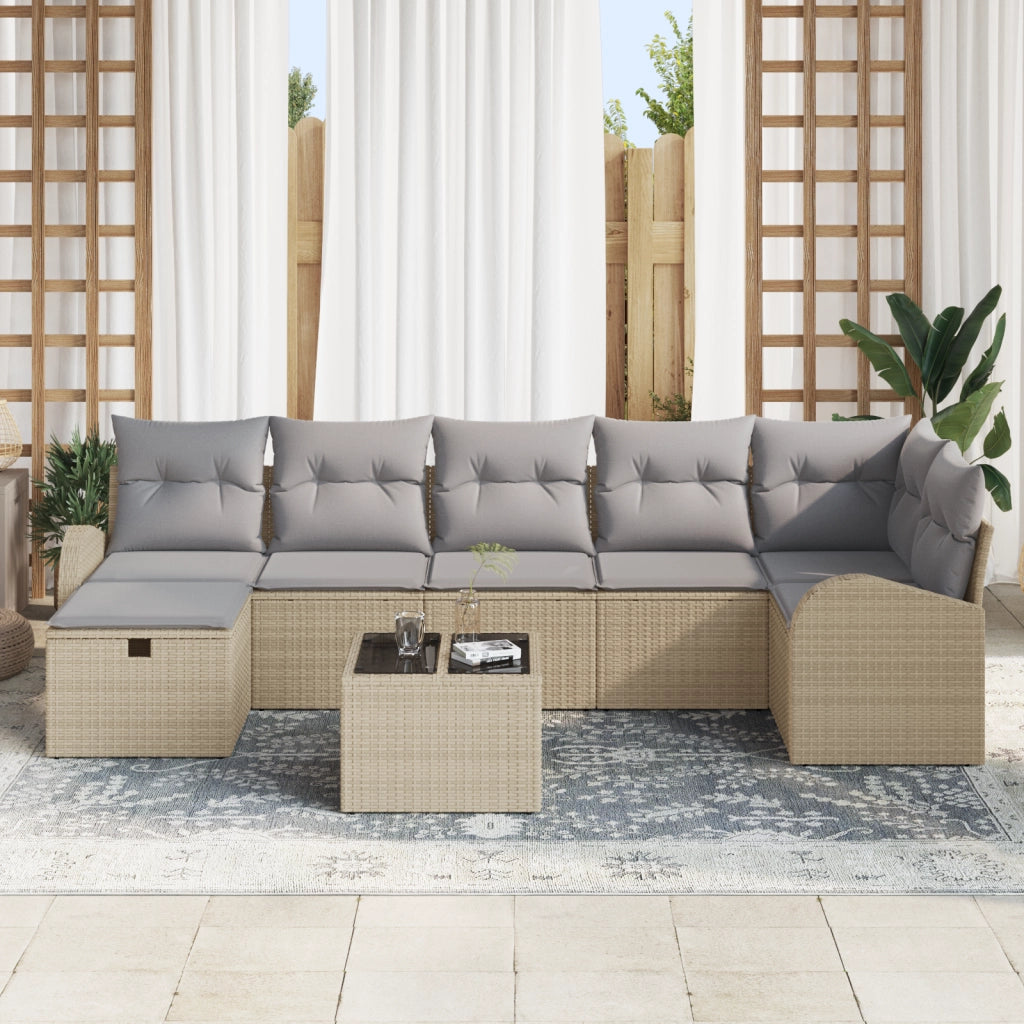 Set di divani da giardino 8 pezzi con cuscini beige in rattan poliestere