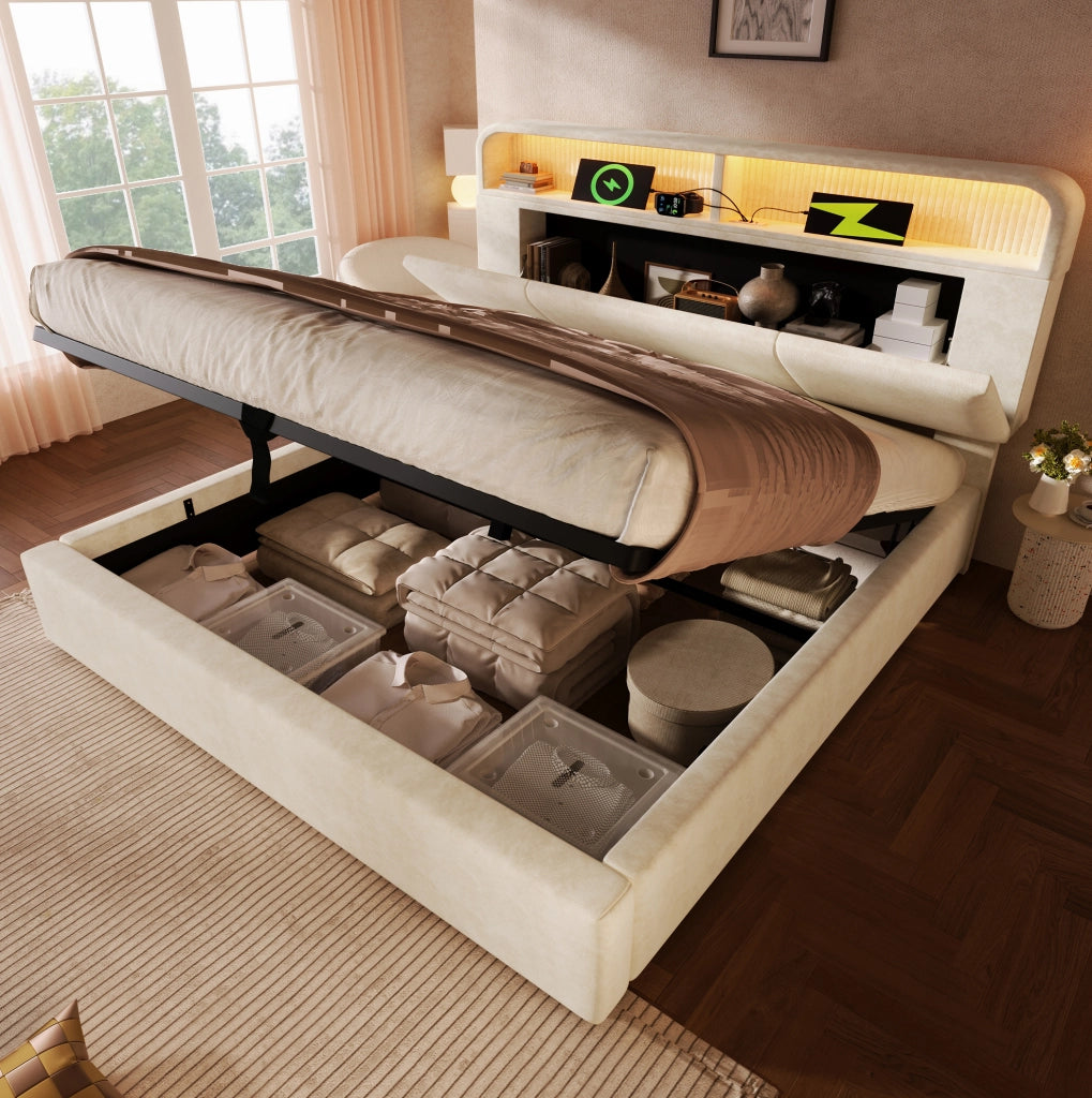Letto matrimoniale 160x200 cm con contenitore; testiera regolabile; LED; USB e materasso; velluto beige