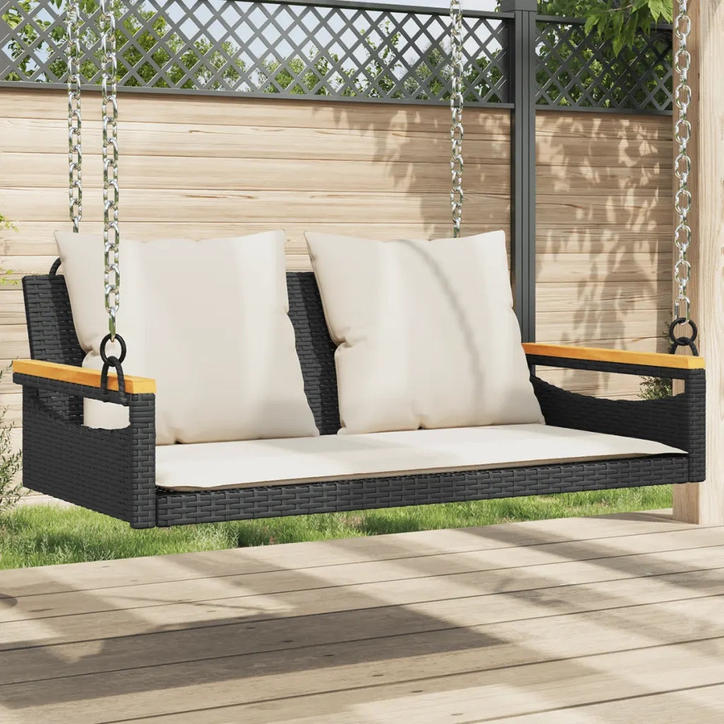 Panca da Giardino | Panchina a Dondolo con Cuscini Nera 109x62x40 cm in Polyrattan