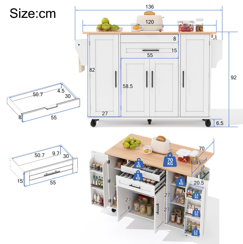Isola cucina mobile 136x70x92 cm in MDF bianco e naturale con piano allungabile