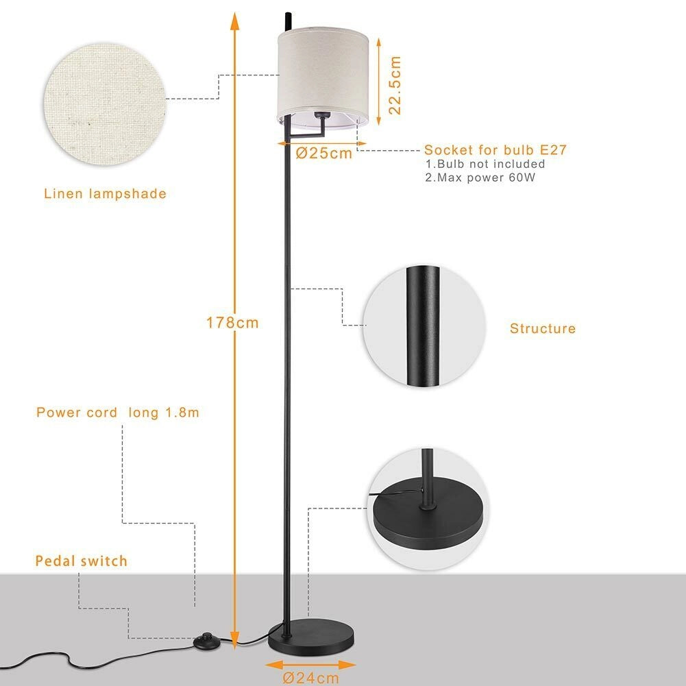 Lampada Piantana Terra Design Moderno Paralume E27 Tessuto e Metallo Nero