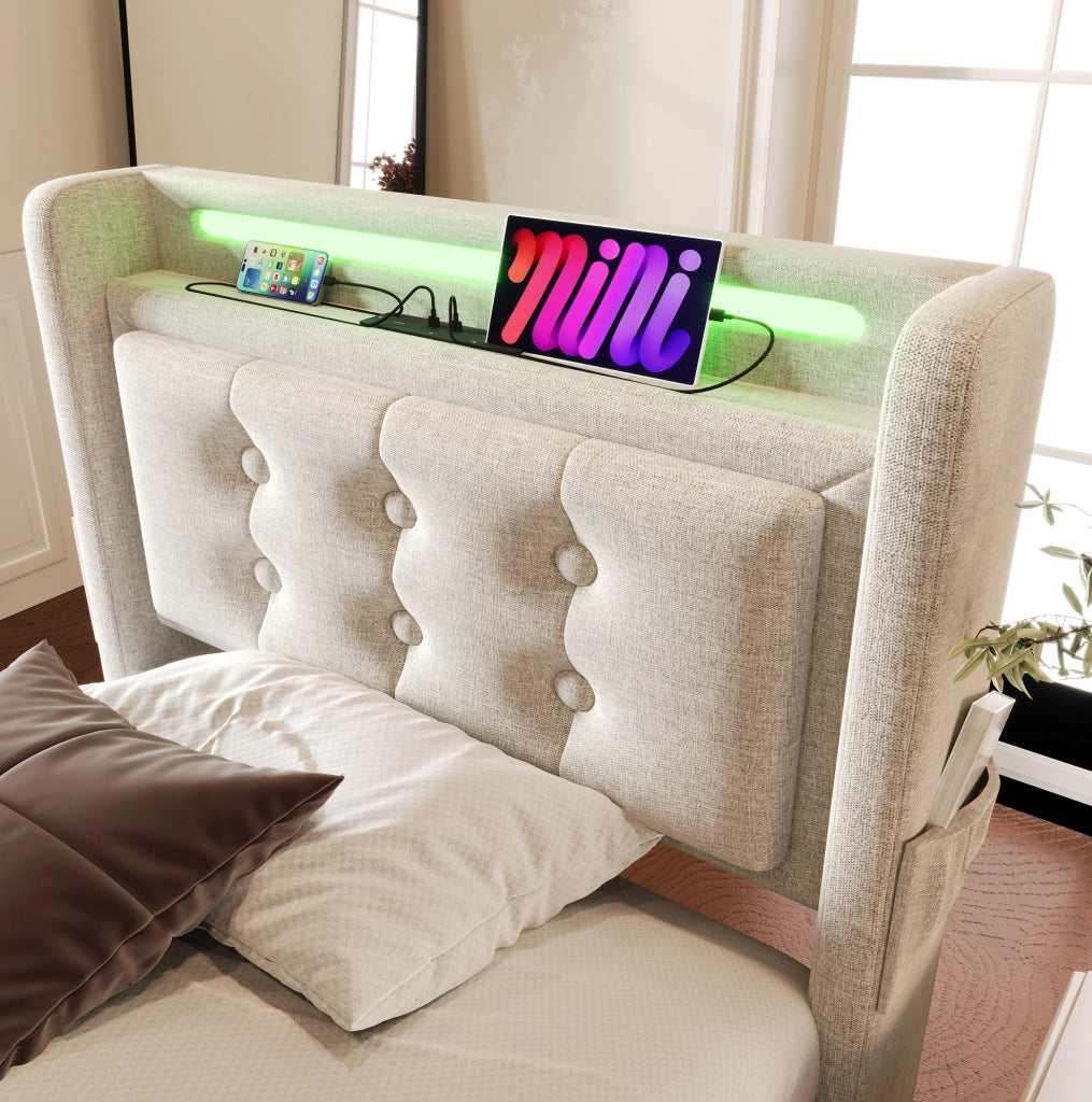 Letto imbottito 90x200 con testiera LED, prese USB e contenitore