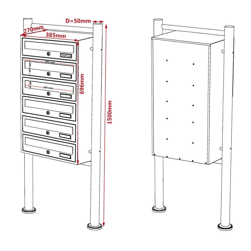 Blocco di 6 cassette postali autoportanti 6 ingressi acciaio zincato 69,6 x 38,5 x 27 cm nero 16_0000047
