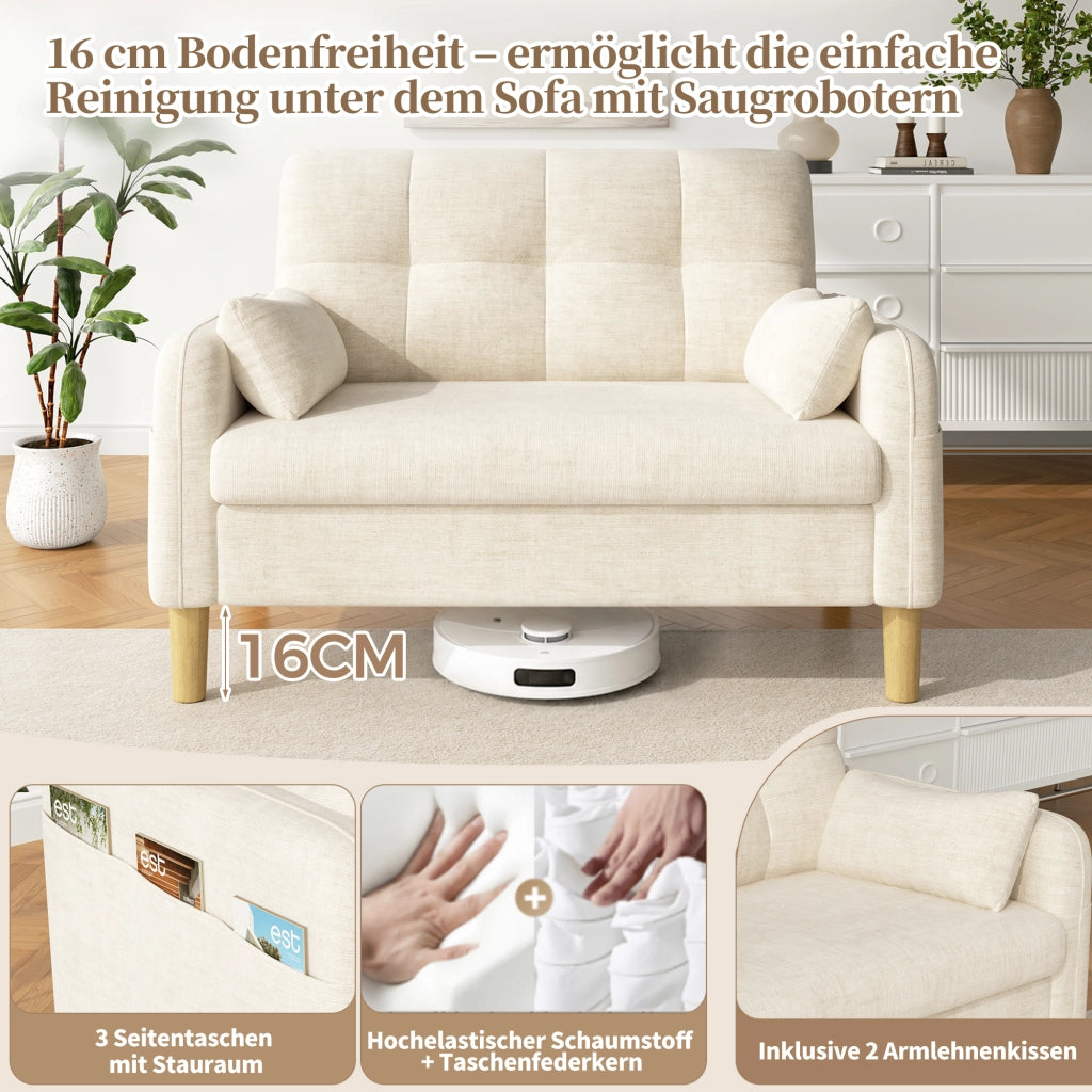 Divano a due posti modulare per piccoli spazi con cuscini schienale alto e tasca laterale in tessuto chenille beige