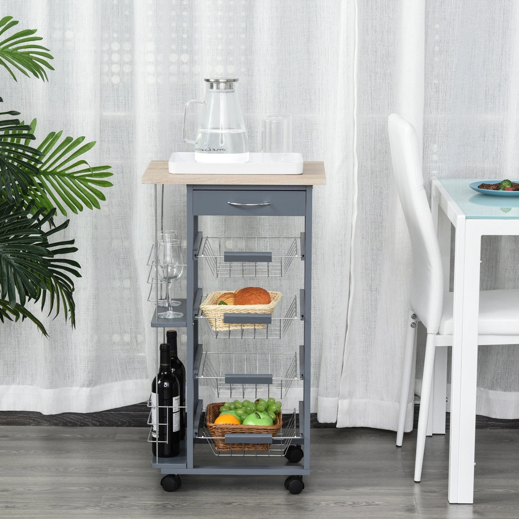Carrello da Cucina in Grigio Scuro con 1 Cassetto e 4 Cestelli Metallici