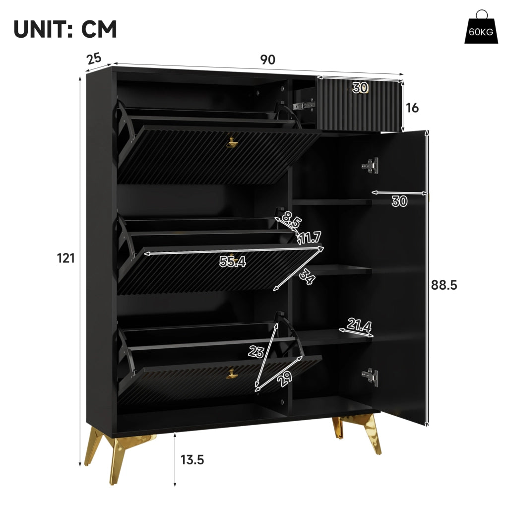 Scarpiera stretta 90x25x121 cm nera in truciolare e MDF con 3 ribalte