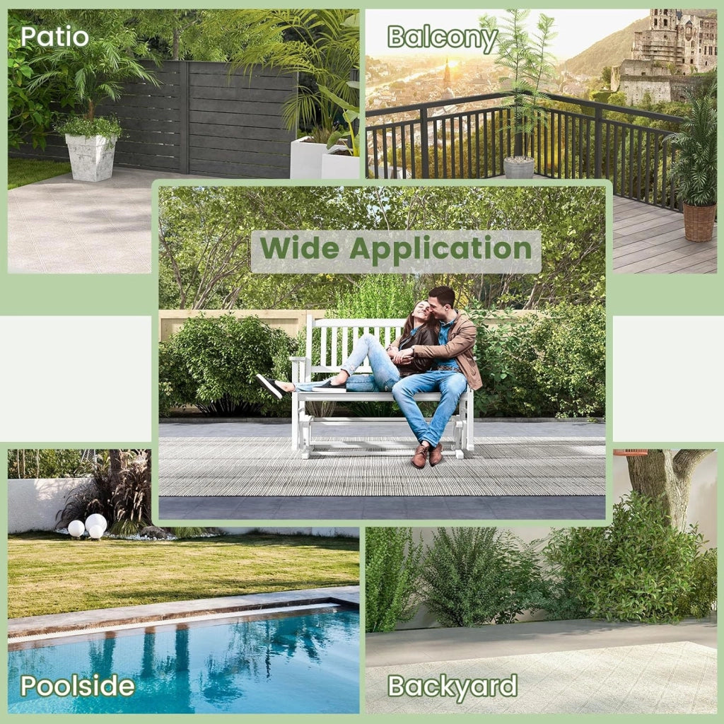 Sedia a Dondolo 2 Posti da Balcone, Panchina a Dondolo da Giradino in Legno Massello, Sedia Dondolo Ergonomica Esterno Portato 225kg con Schienale Curvo e Braccioli, 126x68x100cm, Bianco