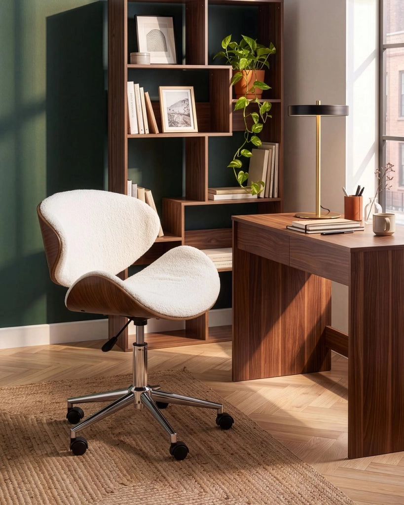 Sedia da scrivania in boucle bianco imbottita con sedile regolabile in altezza tramite pistone a gas e base girevole