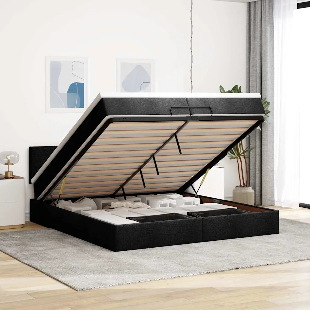 Struttura Letto Pouf con Materassi Nero 200x200 cm in Tessuto